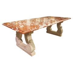 1940s French Rouge de Languedoc Marble Table with Parisian Limestone Bases