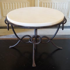 1940's French Round Side Table in Fer Forgè and Parchment Top