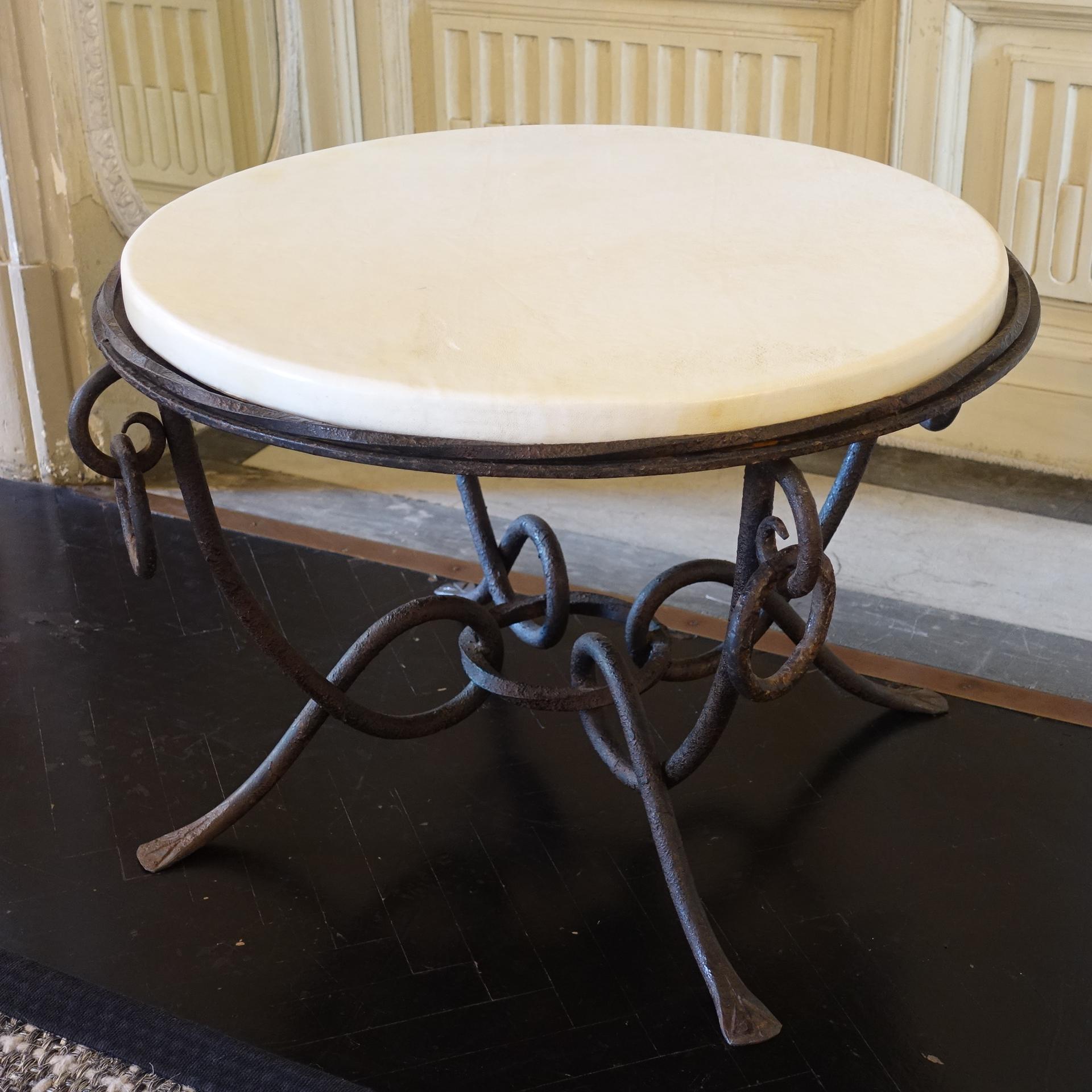 Mid-20th Century 1940's French Round Side Table in Fer Forgè and Parchment Top For Sale