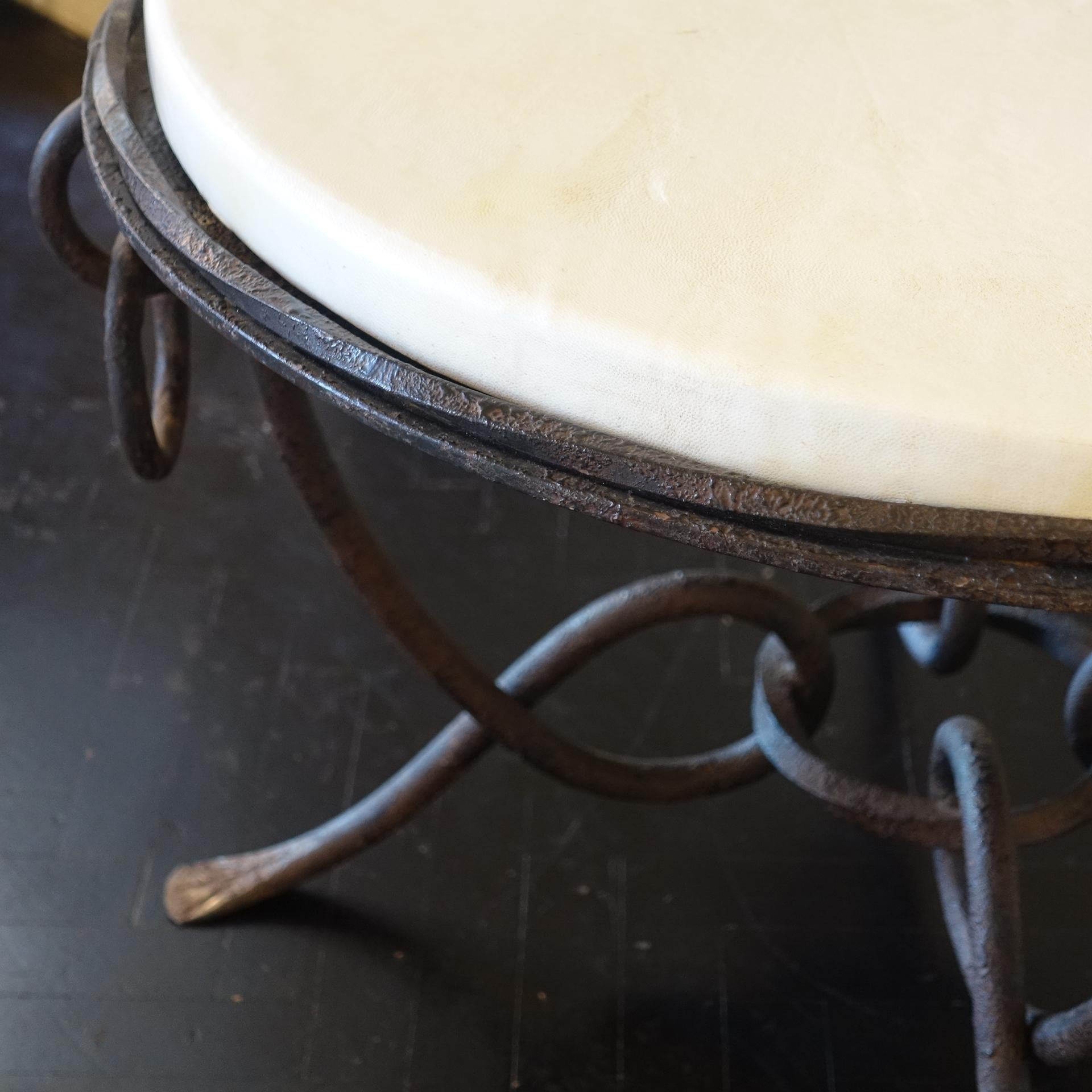 Goatskin 1940's French Round Side Table in Fer Forgè and Parchment Top For Sale
