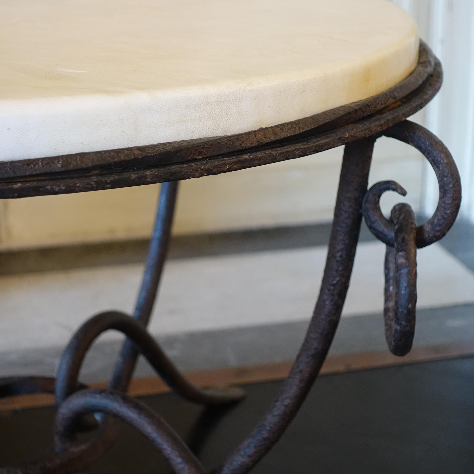 1940's French Round Side Table in Fer Forgè and Parchment Top For Sale 1