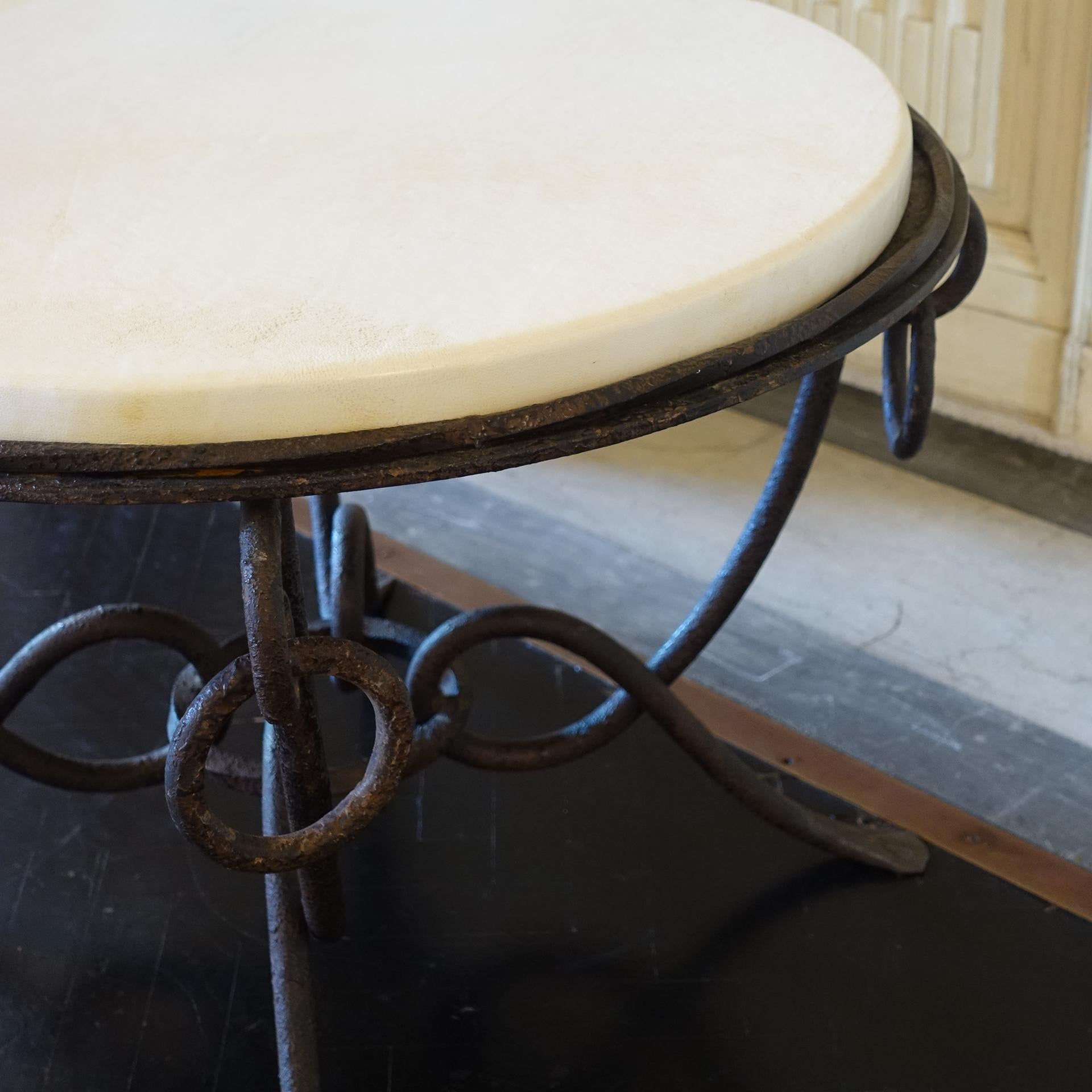 1940's French Round Side Table in Fer Forgè and Parchment Top For Sale 3