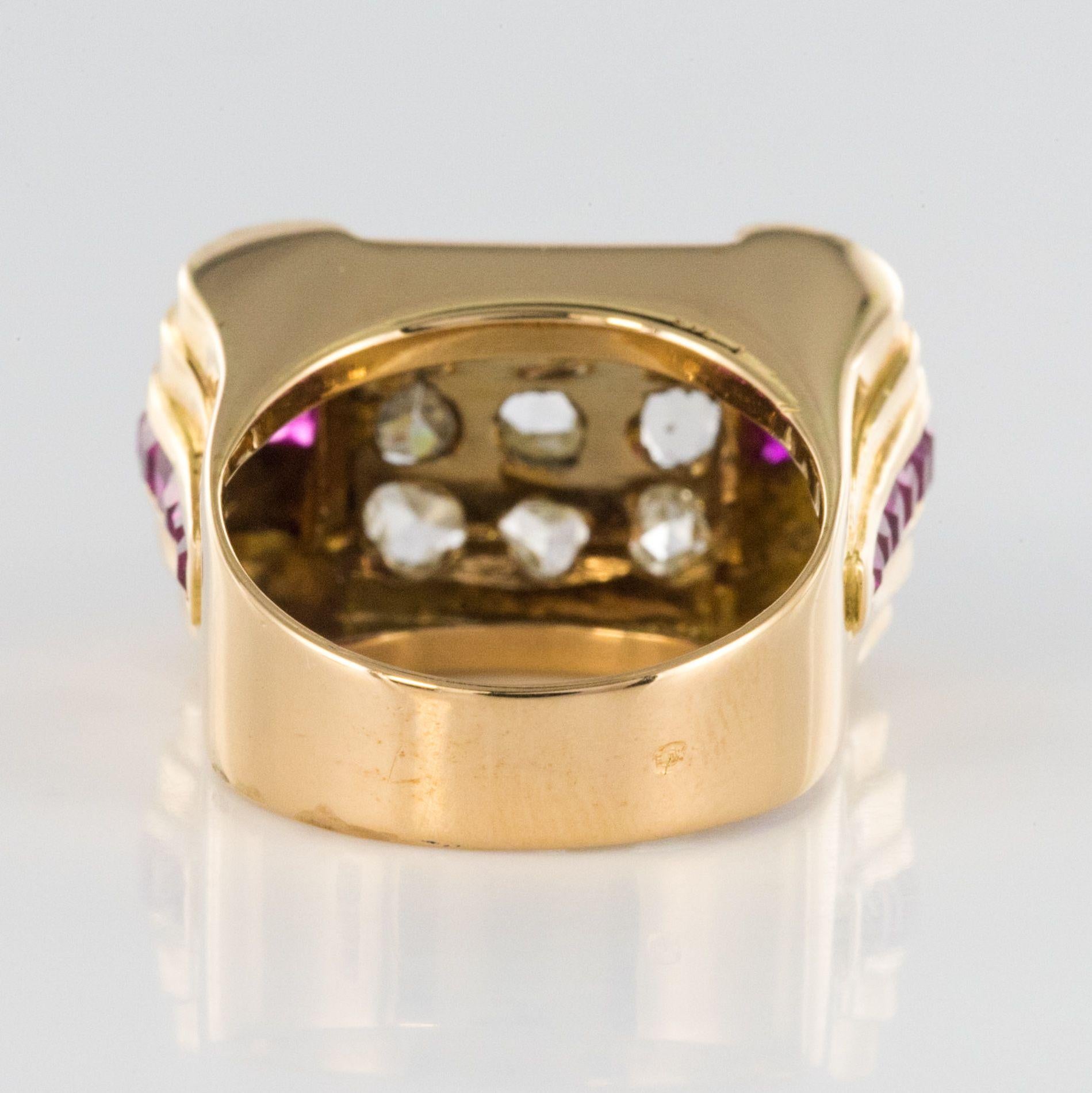 1940s French Ruby Diamond Gold Tank Ring 1