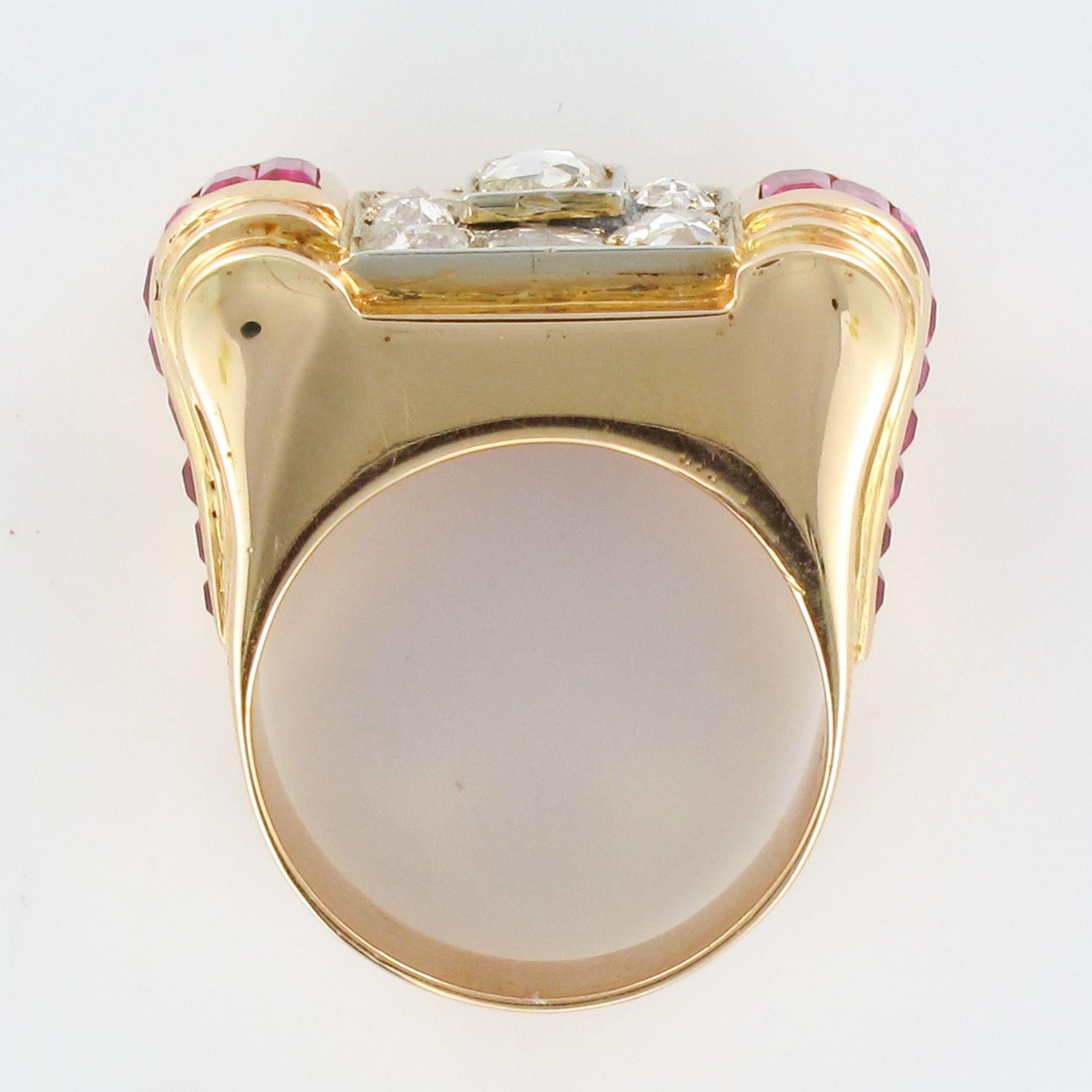 1940s French Ruby Diamond Gold Tank Ring 4