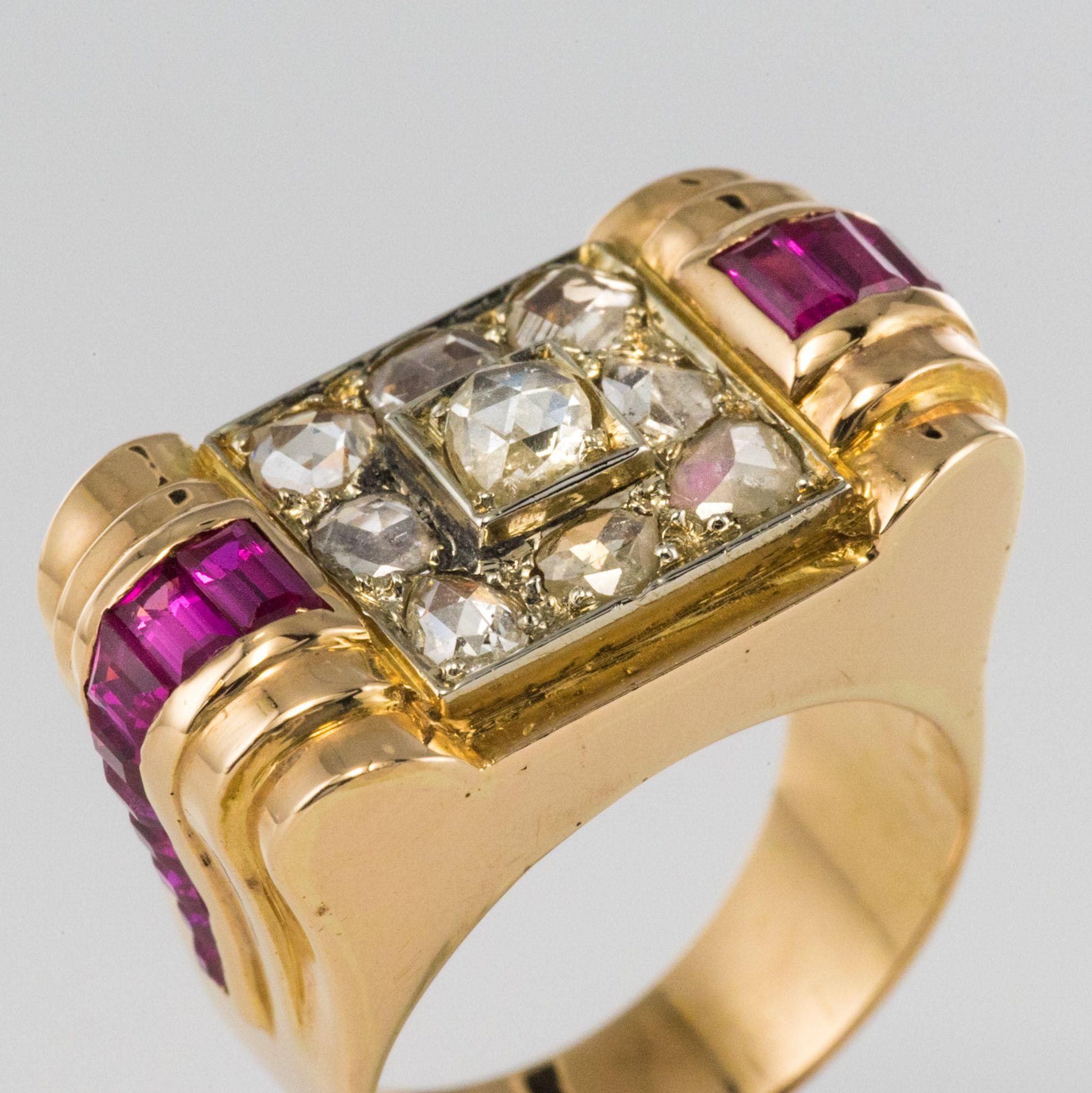 Rose Cut 1940s French Ruby Diamond Gold Tank Ring