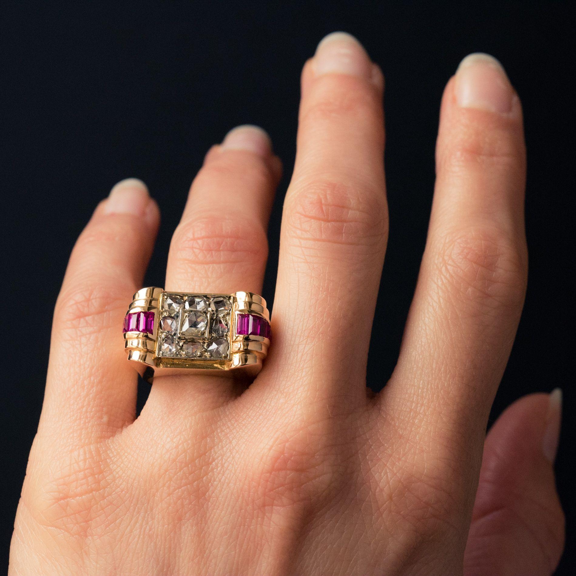 1940s French Ruby Diamond Gold Tank Ring In Good Condition In Poitiers, FR