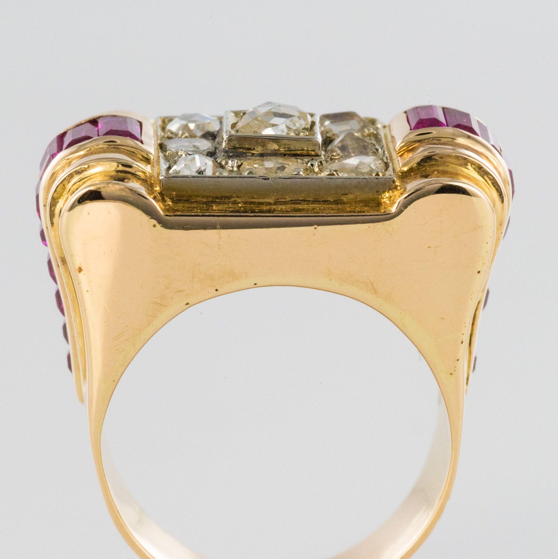 Women's 1940s French Ruby Diamond Gold Tank Ring