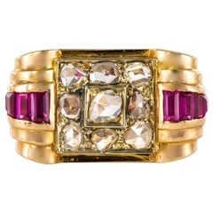 1940s French Ruby Diamond Gold Tank Ring