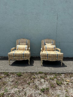 1940s French Rustic Louis Style Blue Yellow Silk Satin Bergere Chairs, Set of 2