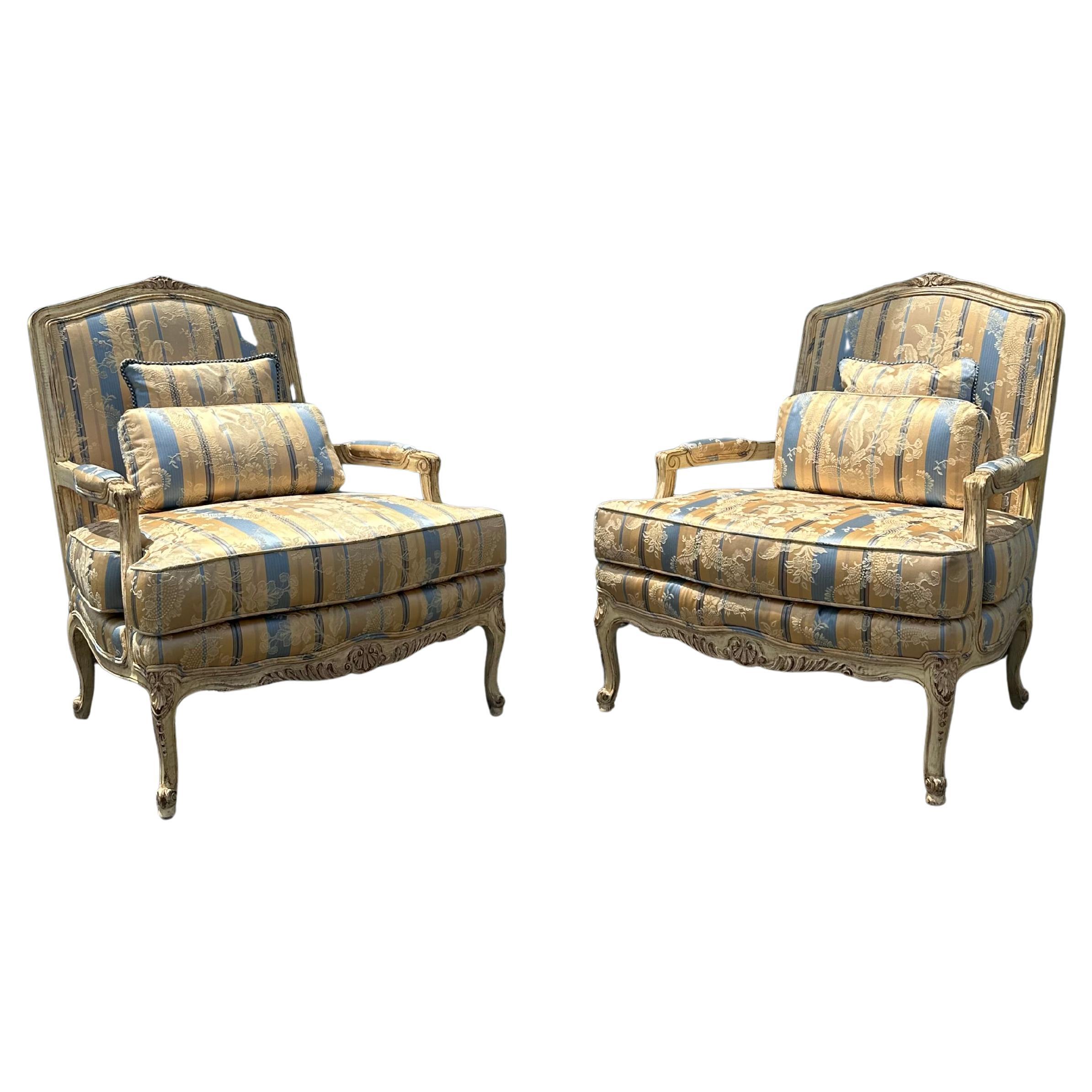 1940s French Rustic Louis Style Blue Yellow Silk Satin Bergere Chairs, Set of 2