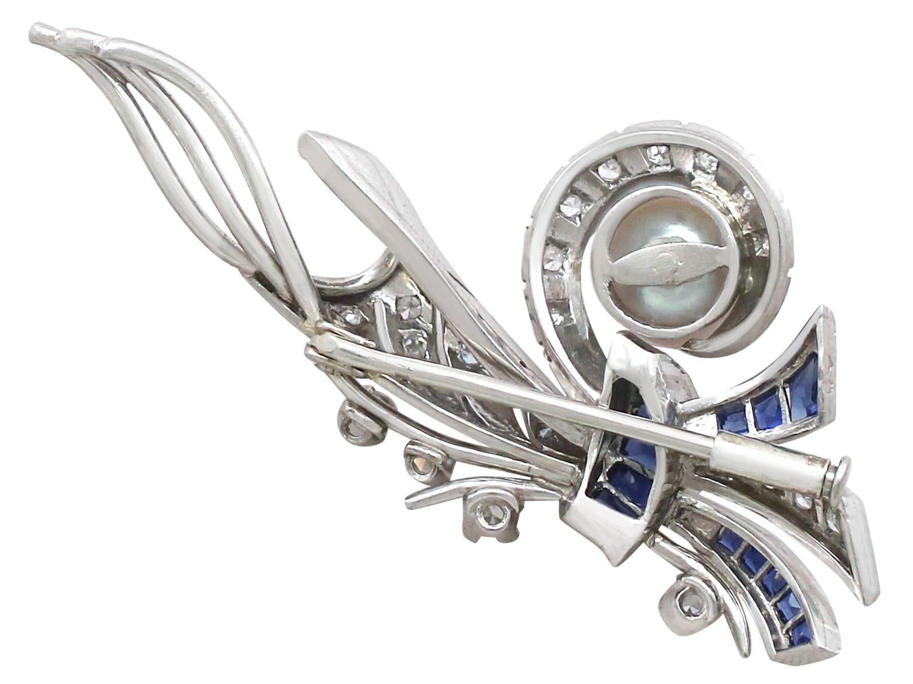 1940s French Sapphire and Diamond, Cultured Pearl and Platinum Spray Brooch 1