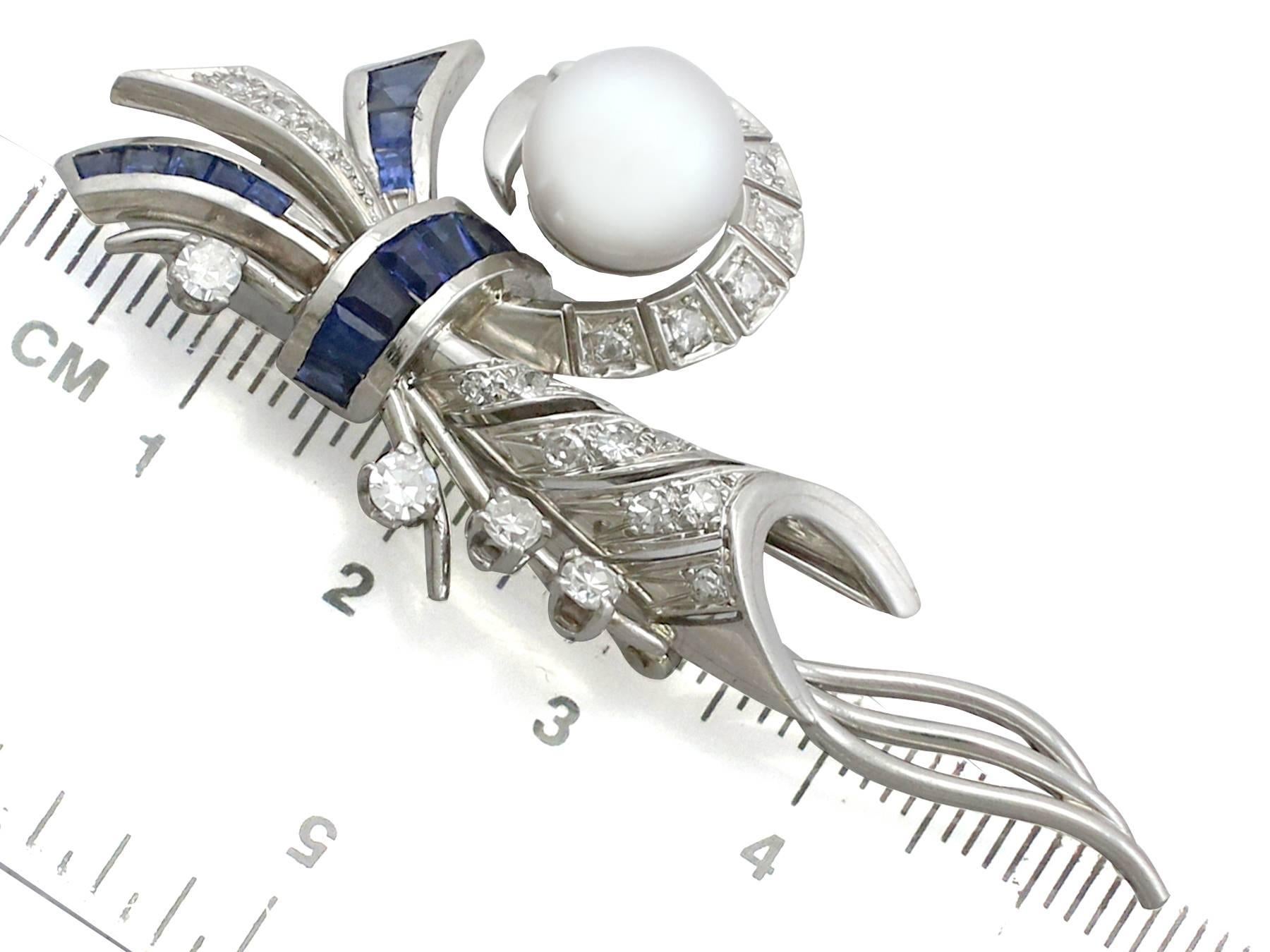 1940s French Sapphire and Diamond, Cultured Pearl and Platinum Spray Brooch 3