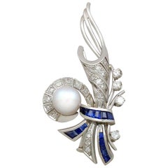 Vintage 1940s French Sapphire and Diamond, Cultured Pearl and Platinum Spray Brooch