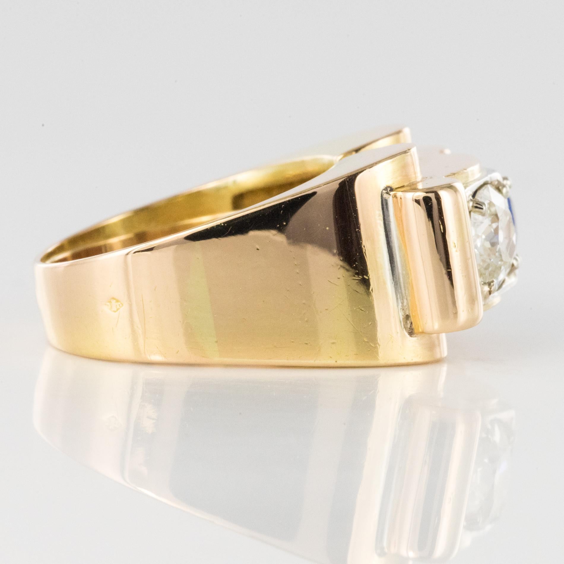 1940s French Sapphire Diamond 18 Karat Yellow Gold Platinum Duo Tank Ring 7