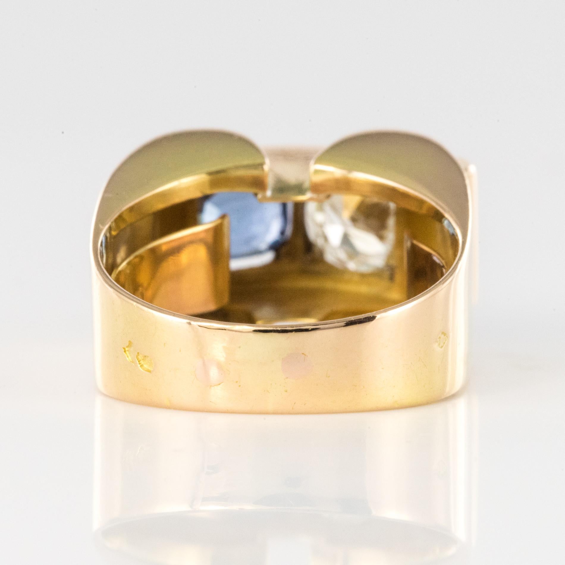 1940s French Sapphire Diamond 18 Karat Yellow Gold Platinum Duo Tank Ring 8