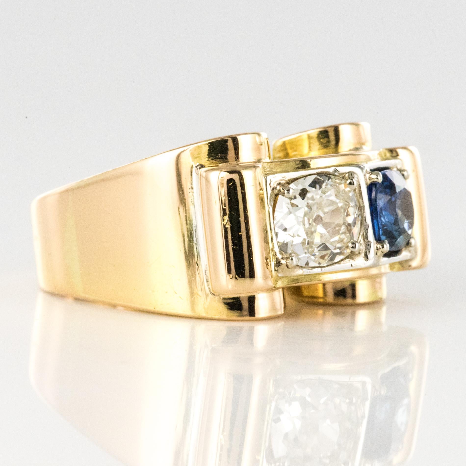 1940s French Sapphire Diamond 18 Karat Yellow Gold Platinum Duo Tank Ring 9