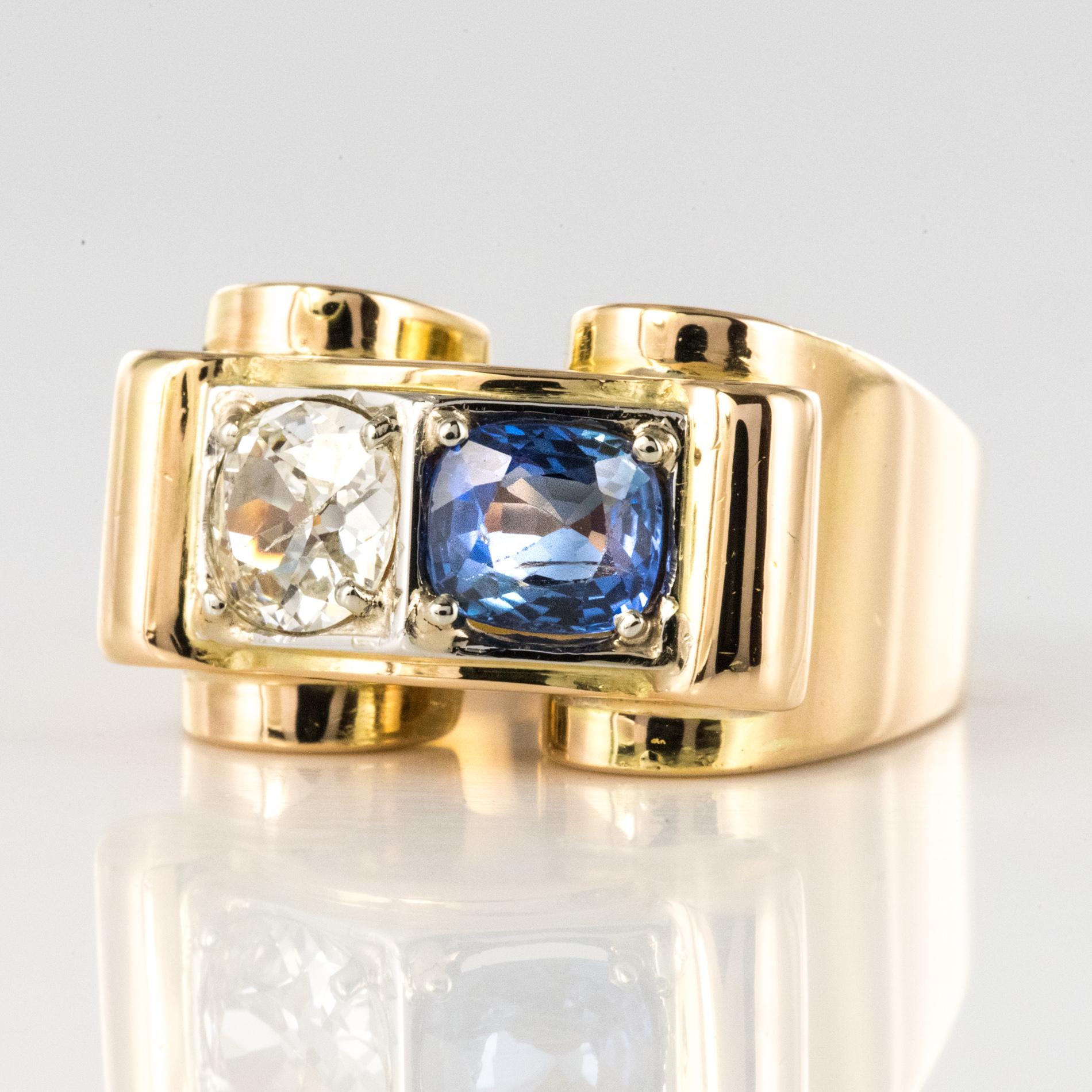 Retro 1940s French Sapphire Diamond 18 Karat Yellow Gold Platinum Duo Tank Ring