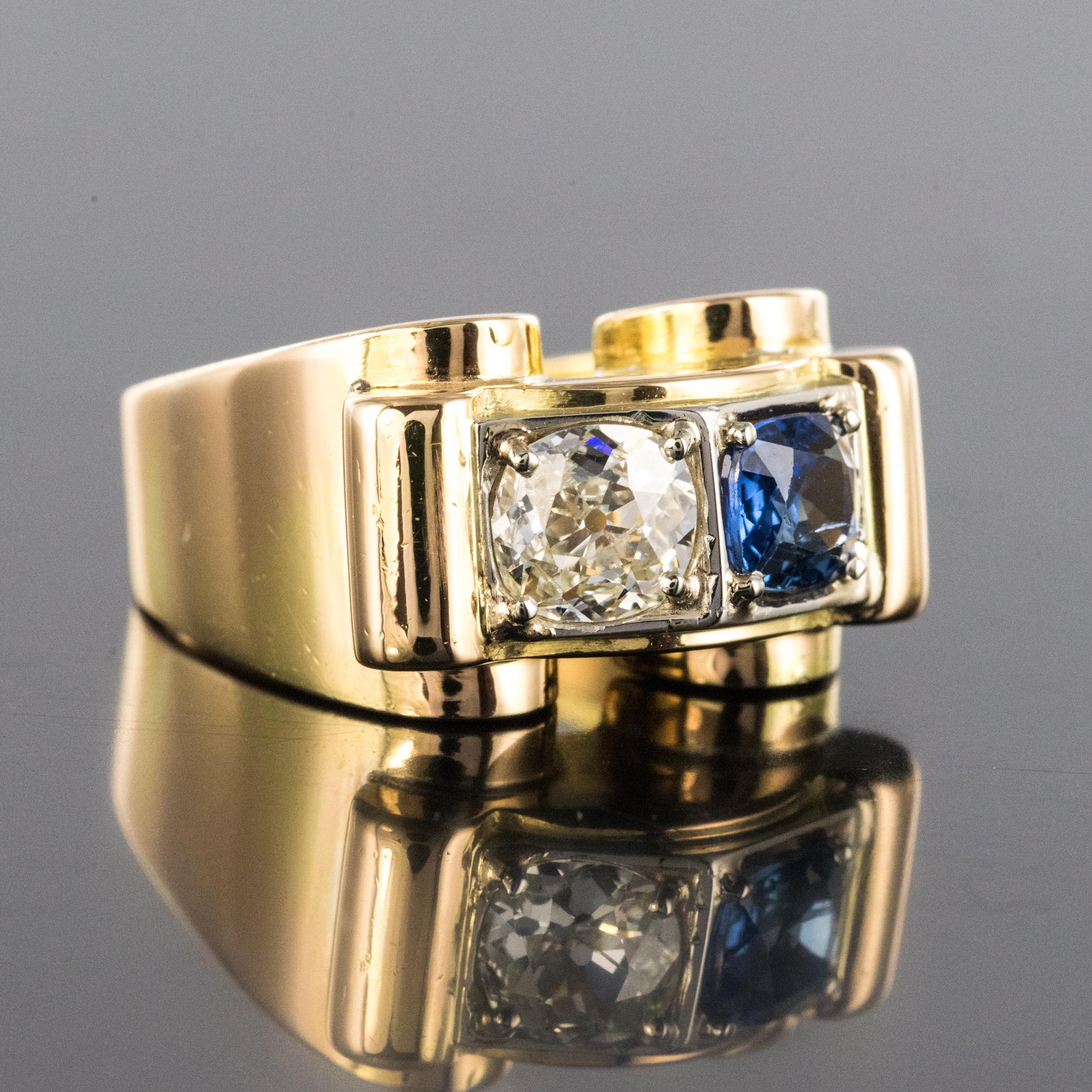 1940s French Sapphire Diamond 18 Karat Yellow Gold Platinum Duo Tank Ring In Excellent Condition In Poitiers, FR