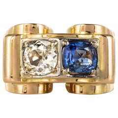 1940s French Sapphire Diamond 18 Karat Yellow Gold Platinum Duo Tank Ring