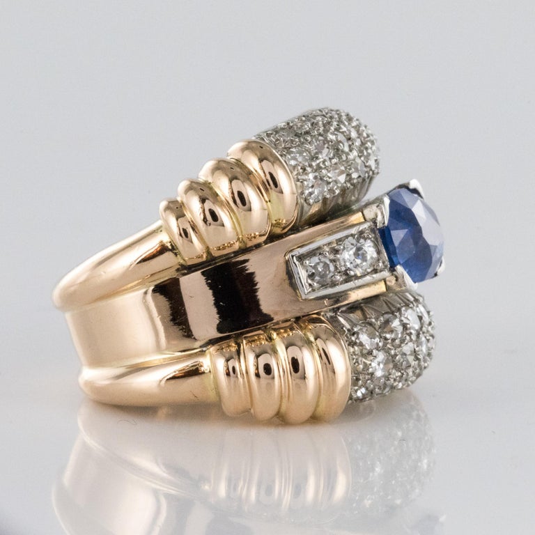 1940s French Sapphire Diamonds Gadroon Tank Ring For Sale 5