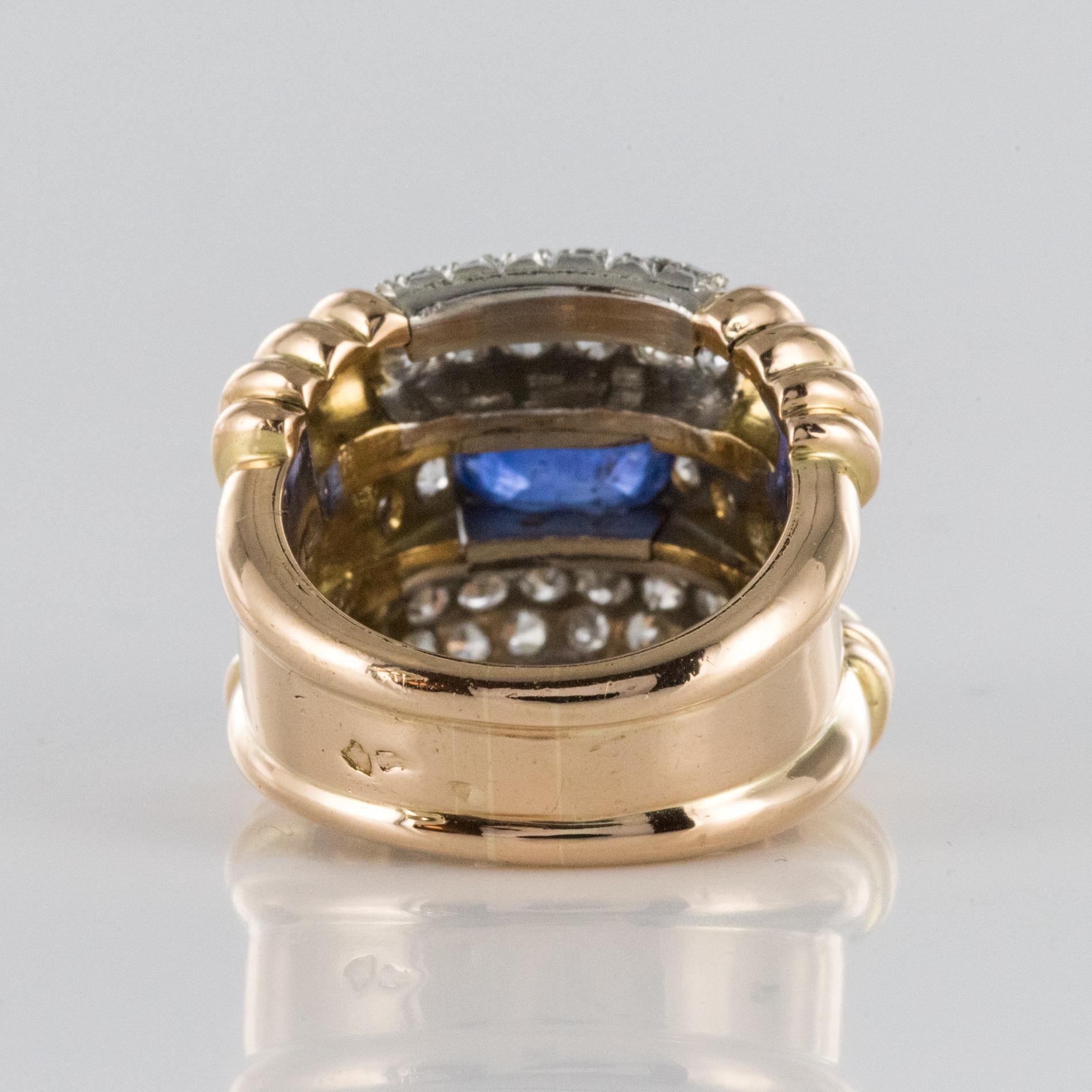 1940s French Sapphire Diamonds Gadroon Tank Ring For Sale 7