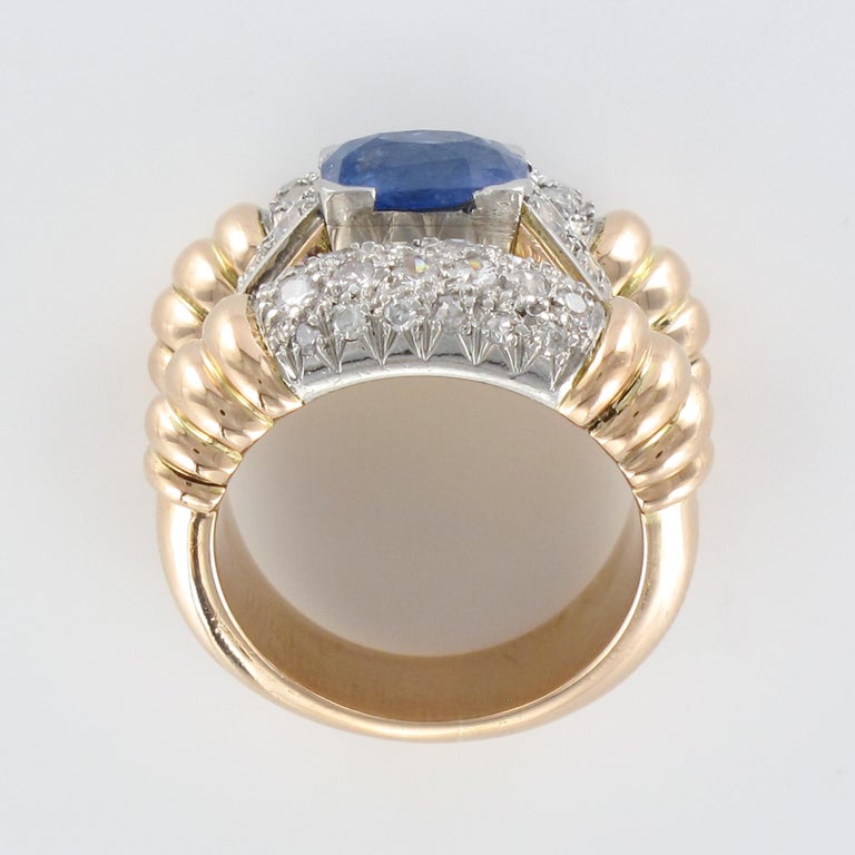 1940s French Sapphire Diamonds Gadroon Tank Ring For Sale 9