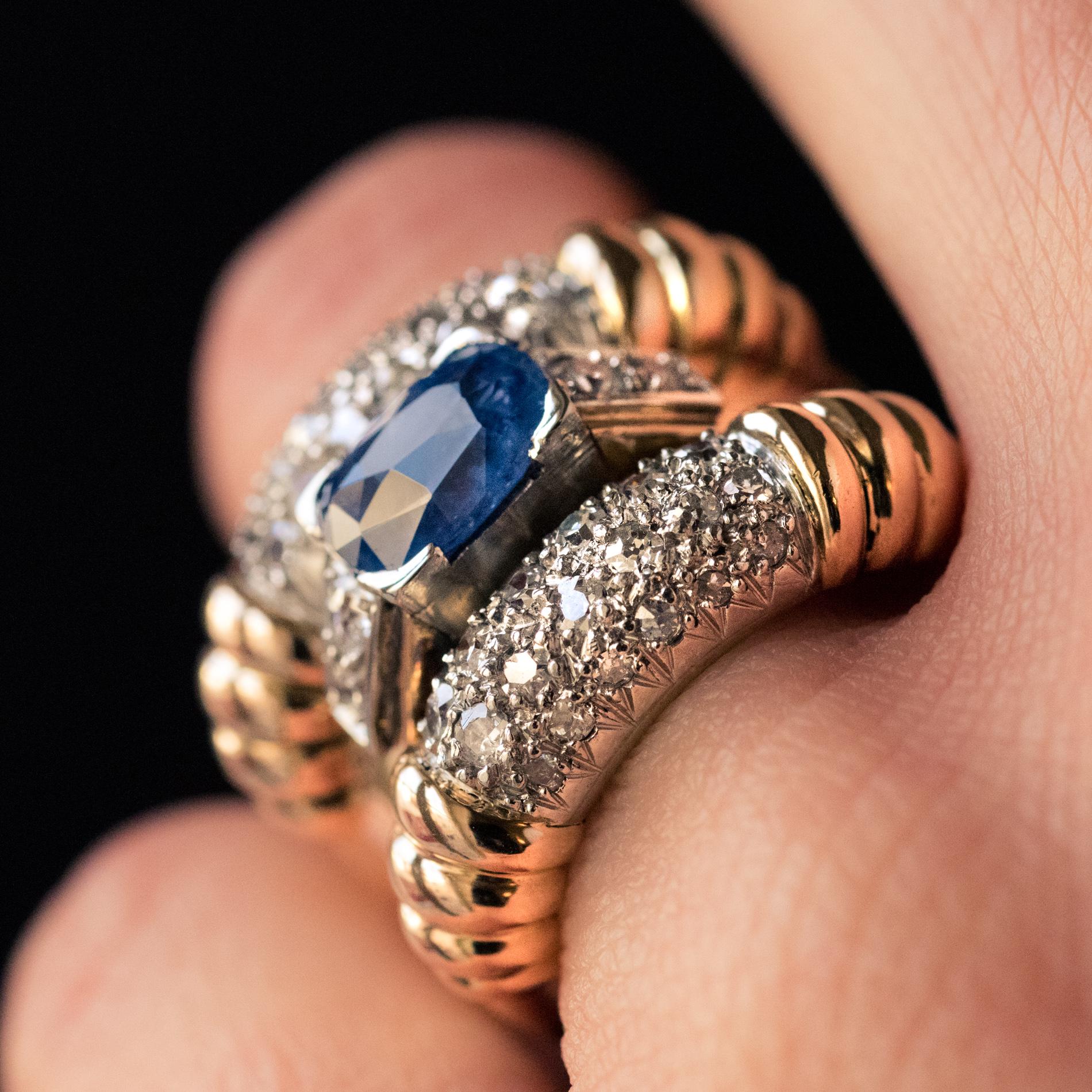 Cushion Cut 1940s French Sapphire Diamonds Gadroon Tank Ring For Sale