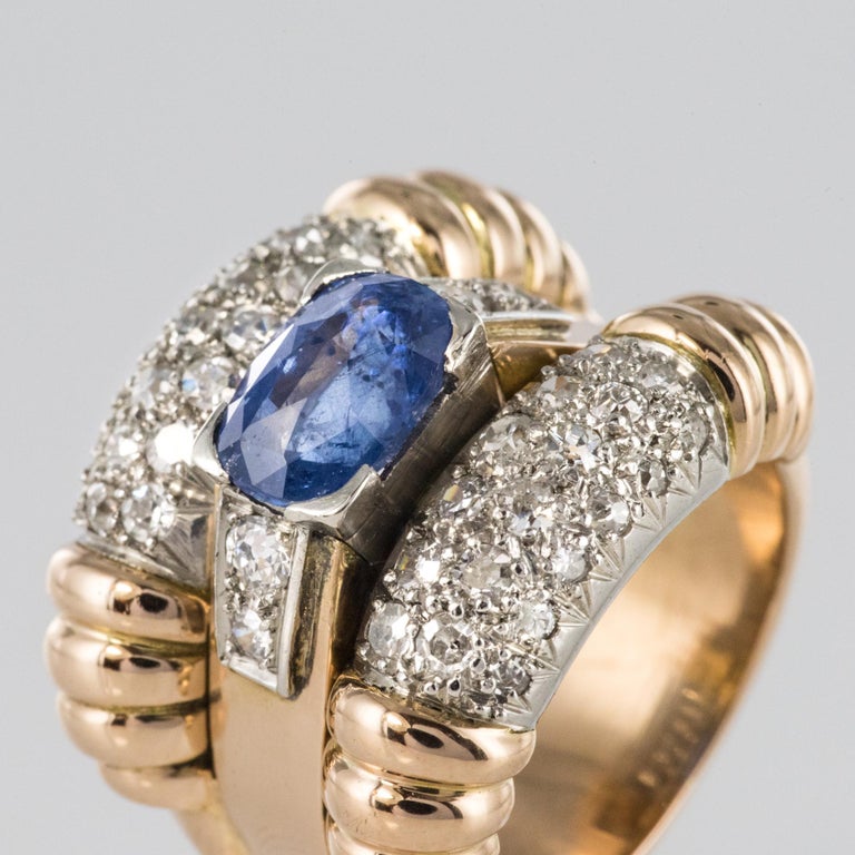 1940s French Sapphire Diamonds Gadroon Tank Ring In Good Condition For Sale In Poitiers, FR