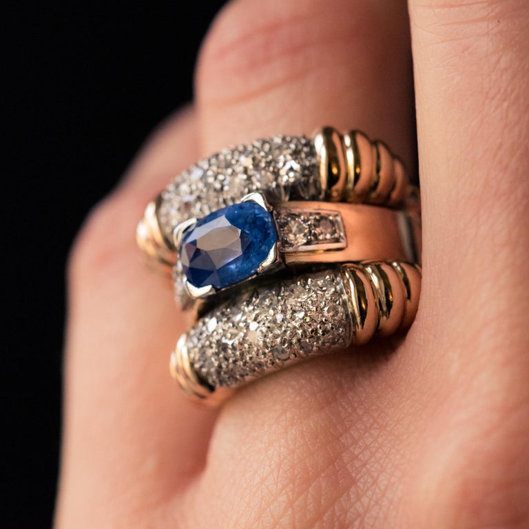 1940s French Sapphire Diamonds Gadroon Tank Ring For Sale 2