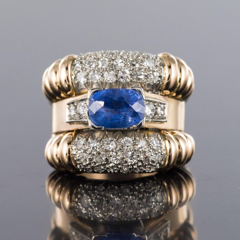 1940s French Sapphire Diamonds Gadroon Tank Ring For Sale 3