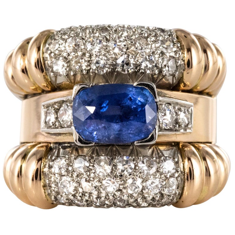 1940s French Sapphire Diamonds Gadroon Tank Ring For Sale