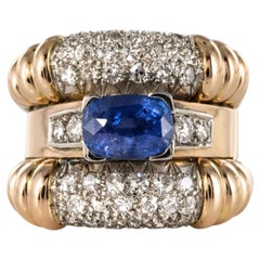 1940s French Sapphire Diamonds Gadroon Tank Ring