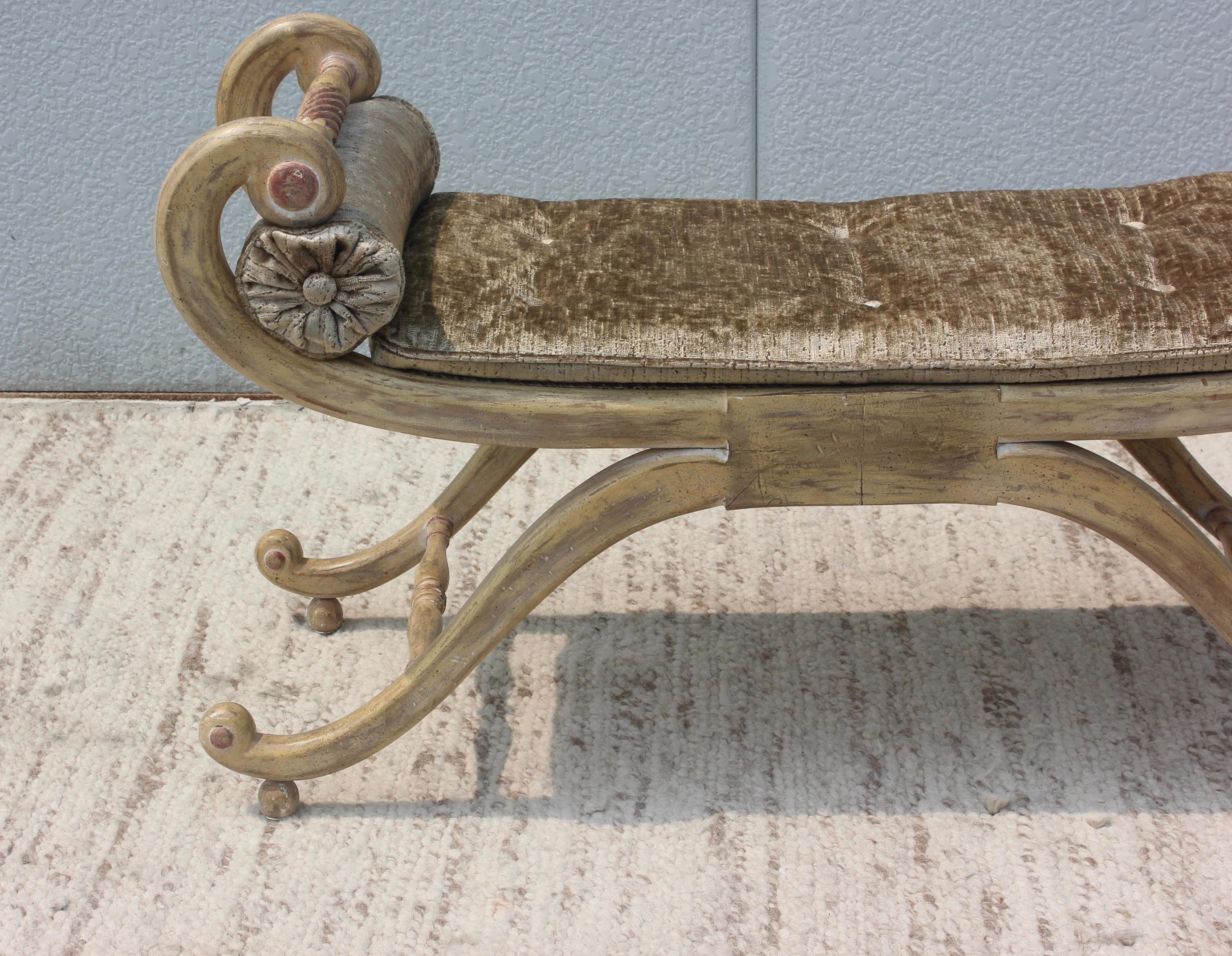 Velvet 1940s French Scroll Arm Bench