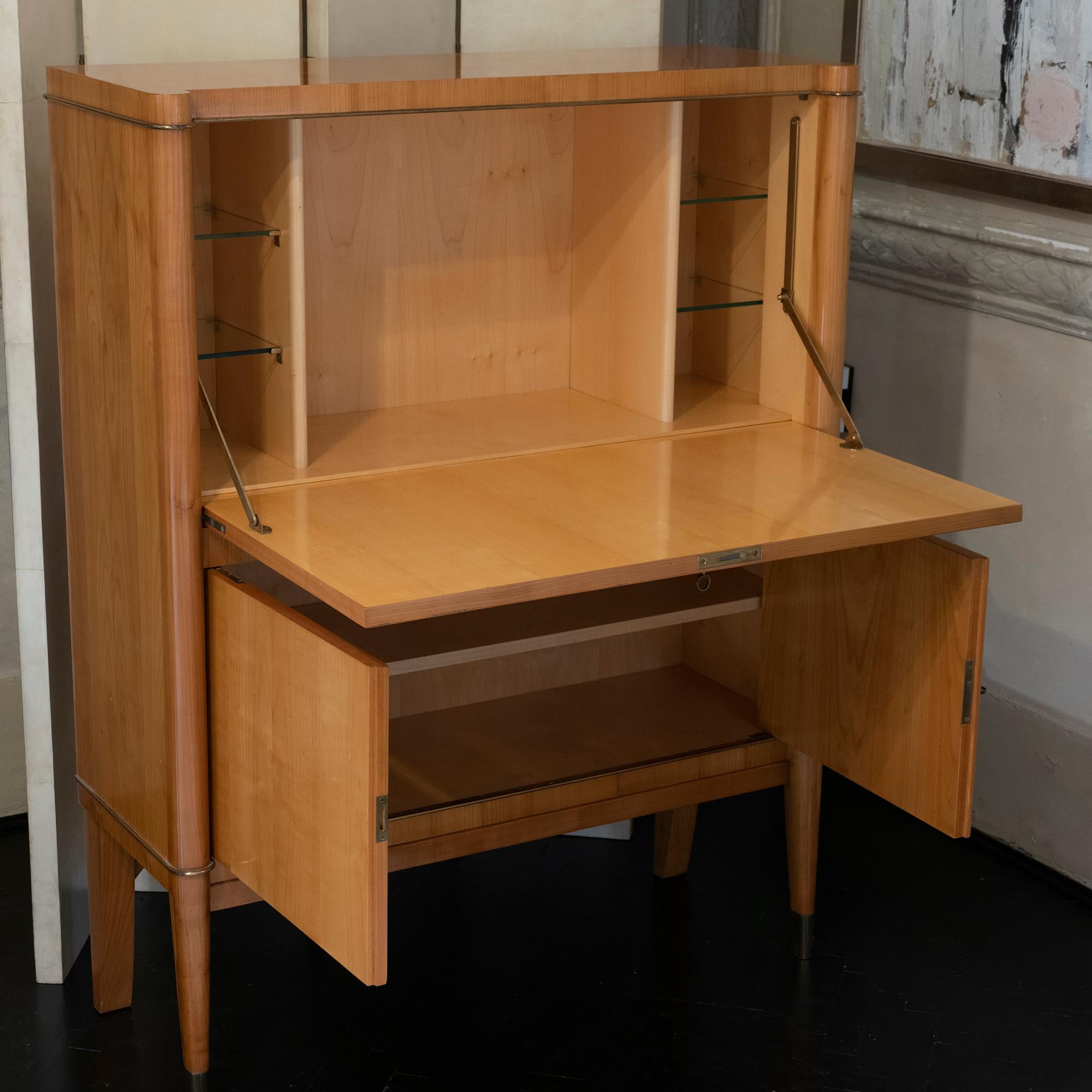 Mid-Century Modern 1940s French Secretaire, Lacquered Birch Wood and Brass Details