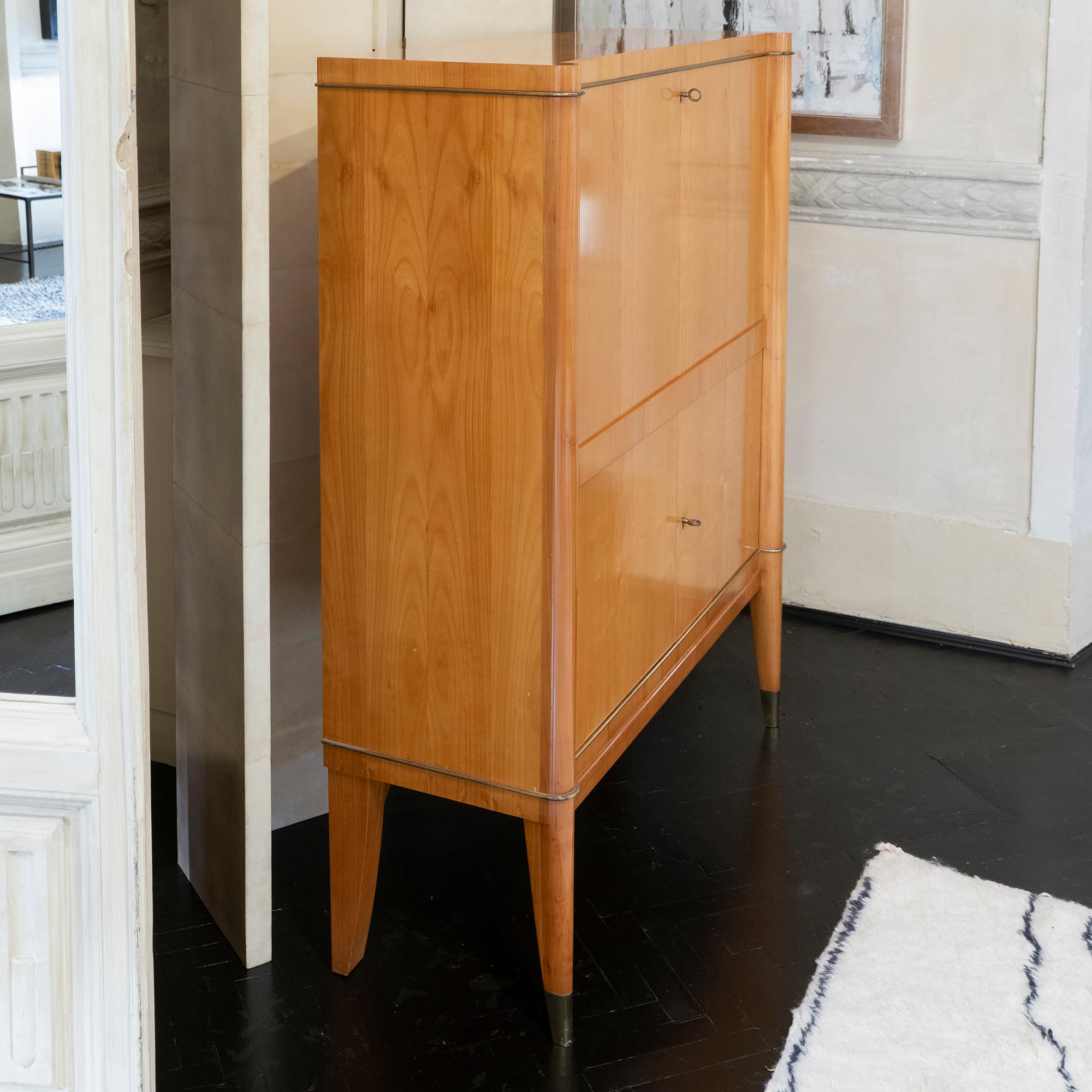 1940s French Secretaire, Lacquered Birch Wood and Brass Details 3