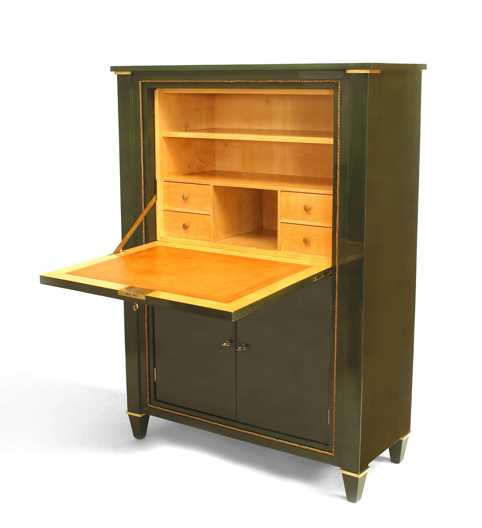 French Mid-Century (1940s) dark green lacquered drop front secretary with bronze dore rope design and trim (signed RAMSAY )
