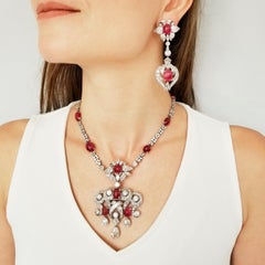 1940s French Set of Diamond and Burma No Heat Ruby Necklace and Earrings