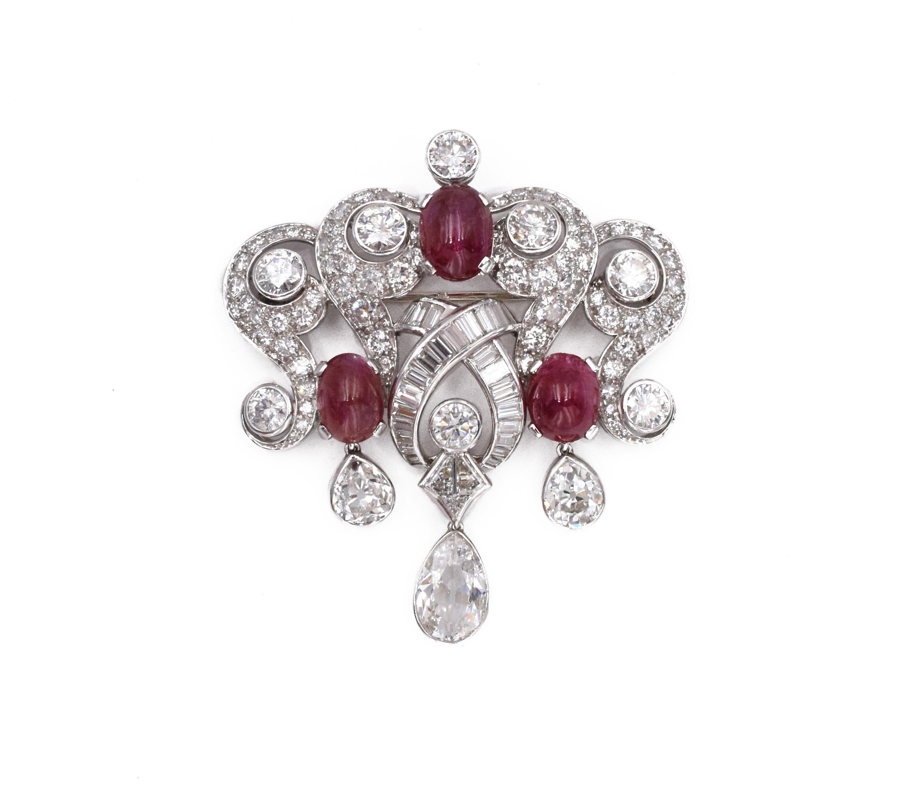 Art Nouveau 1940s French Set of Diamond and Burma No Heat Ruby Necklace and Earrings For Sale