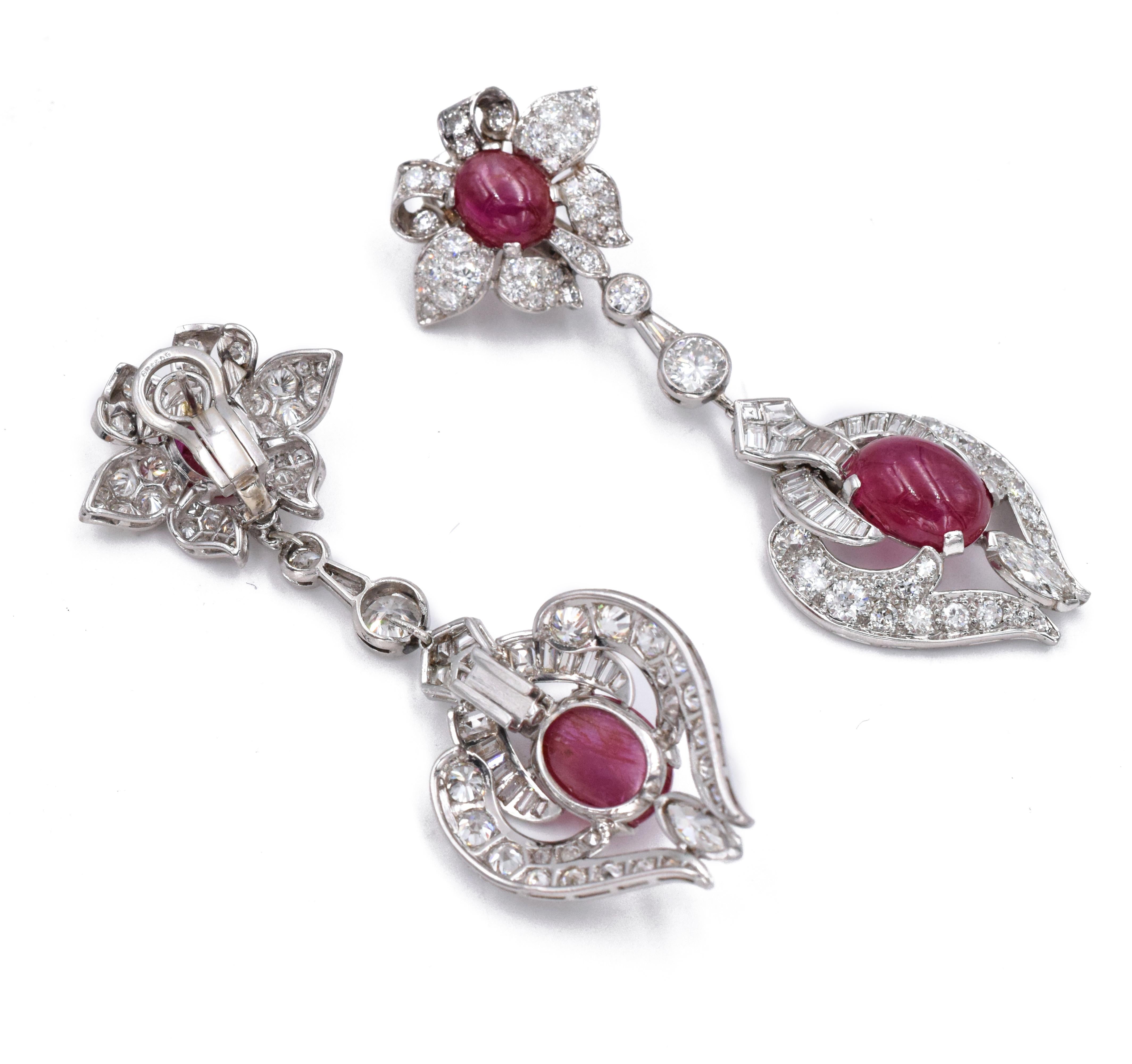 Round Cut 1940s French Set of Diamond and Burma No Heat Ruby Necklace and Earrings For Sale