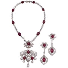 1940s French Set of Diamond and Burma No Heat Ruby Necklace and Earrings