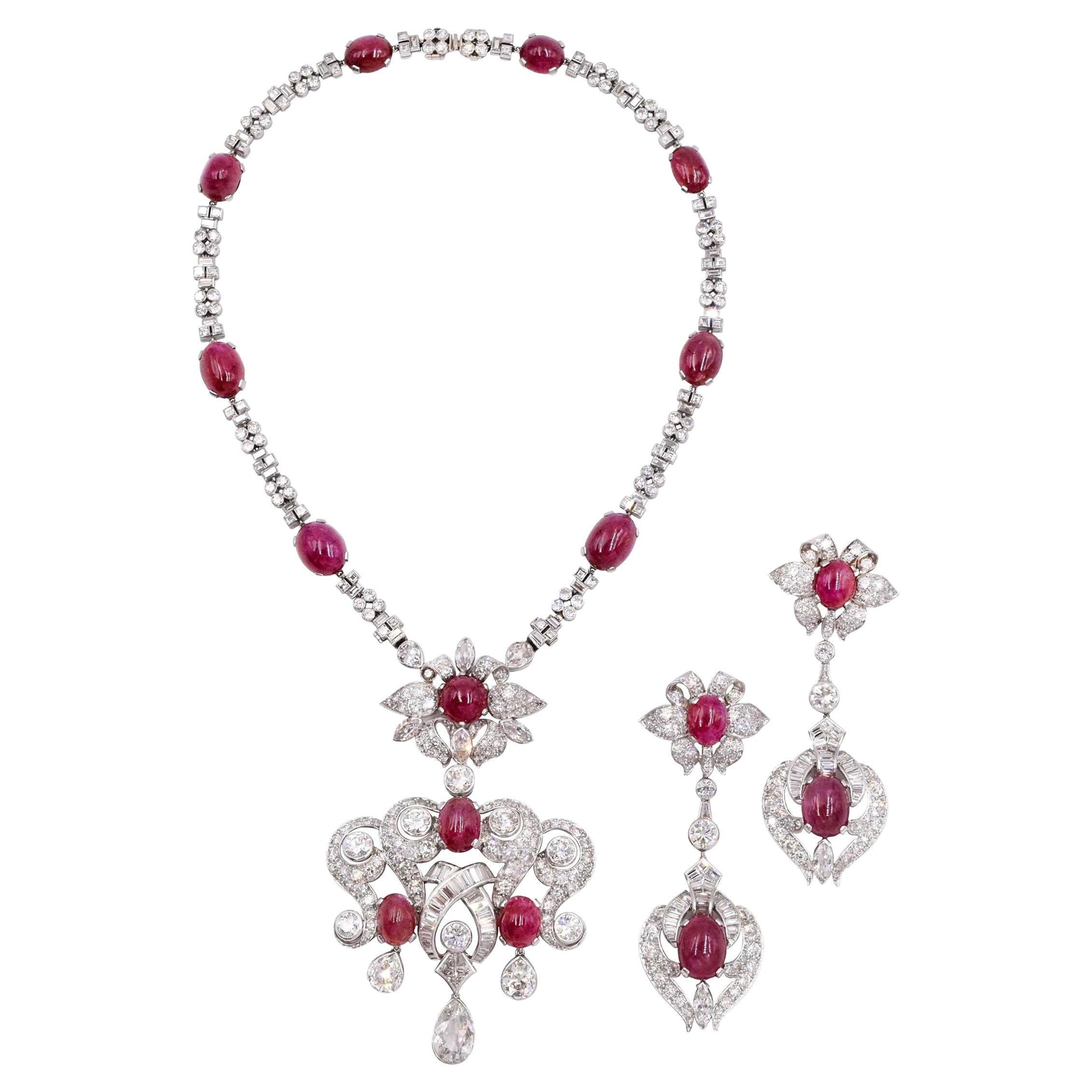 1940s French Set of Diamond and Burma No Heat Ruby Necklace and Earrings For Sale