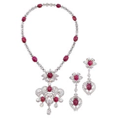 1940s French Set of Diamond and Burma No Heat Ruby Necklace and Earrings