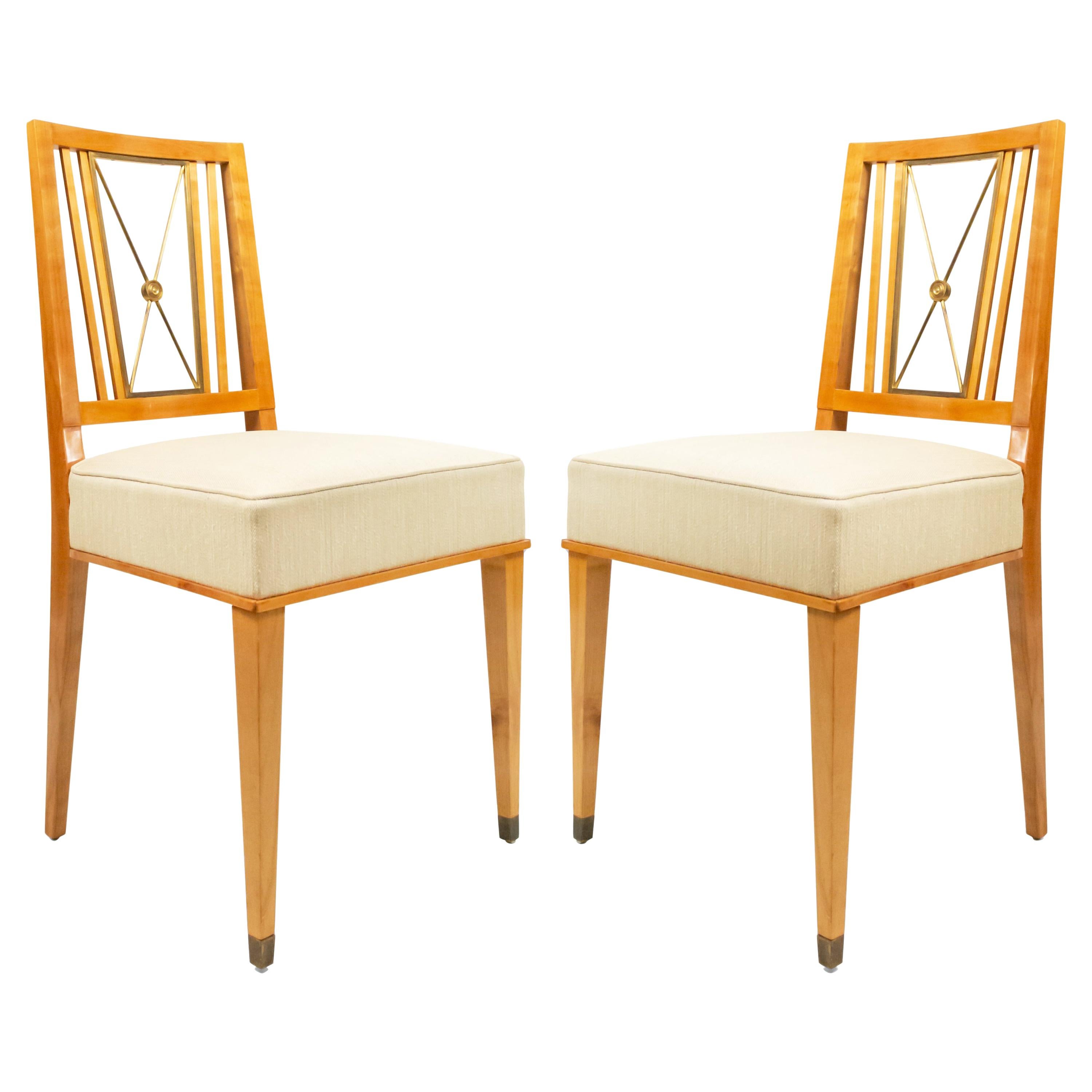 Set of 8 French Mid-Century Jacques Adnet Maple and Silk Side Chairs For Sale