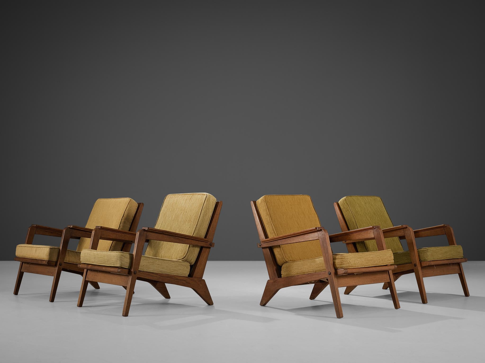 Mid-20th Century 1940s French Set of Four Lounge Chairs with Constructivist Wooden Frame