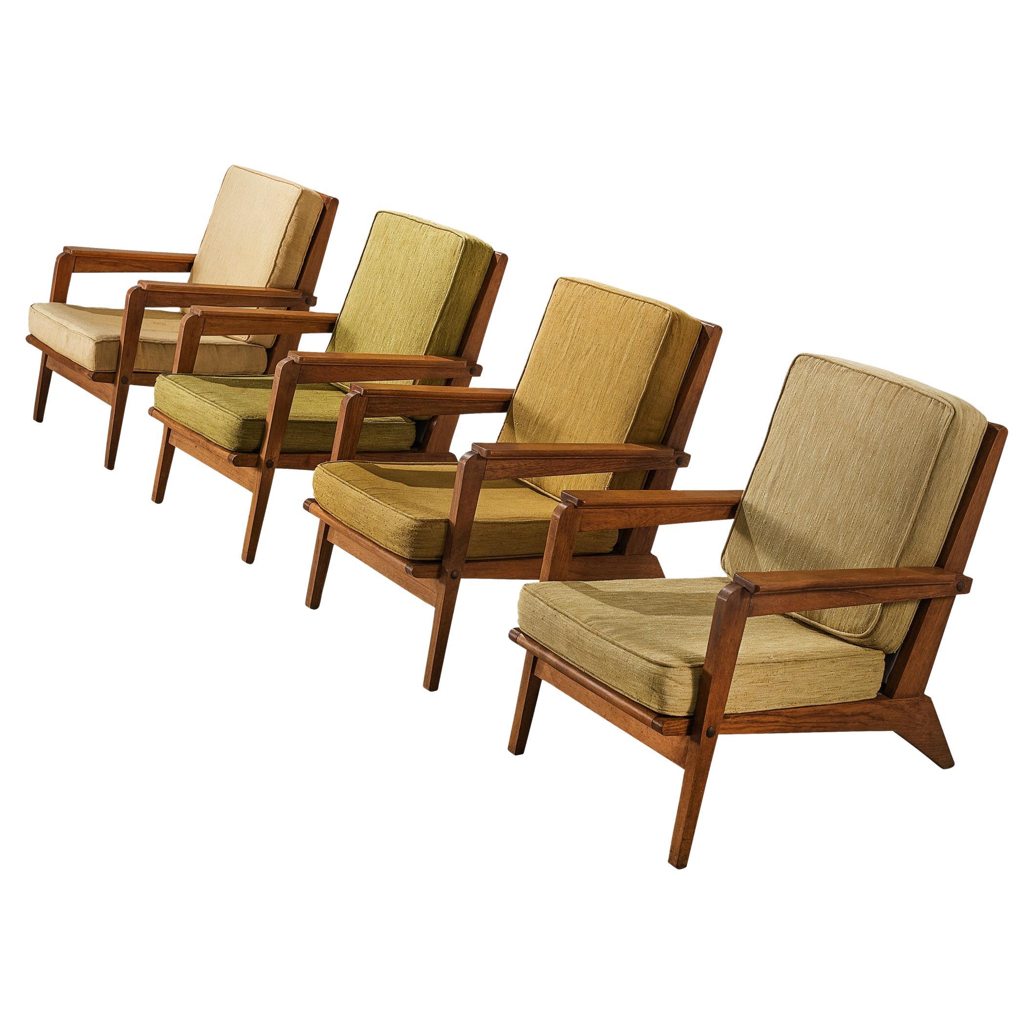 1940s French Set of Four Lounge Chairs with Constructivist Wooden Frame
