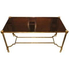 Table basse française des années 1940 en bronze texturé avec miroir et laiton