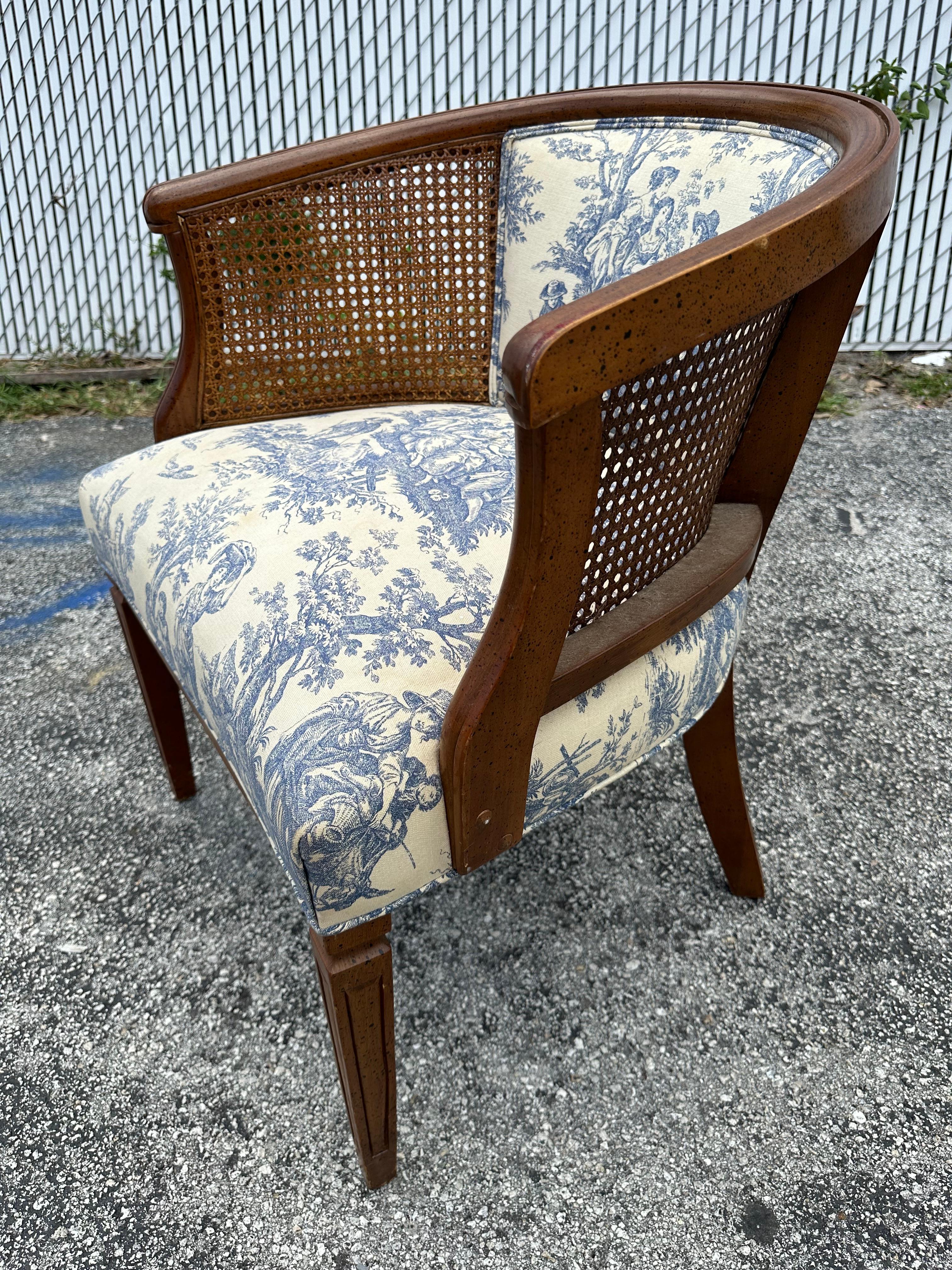 1940s French Toile Barrel Back Cane Blue White Chair For Sale 4