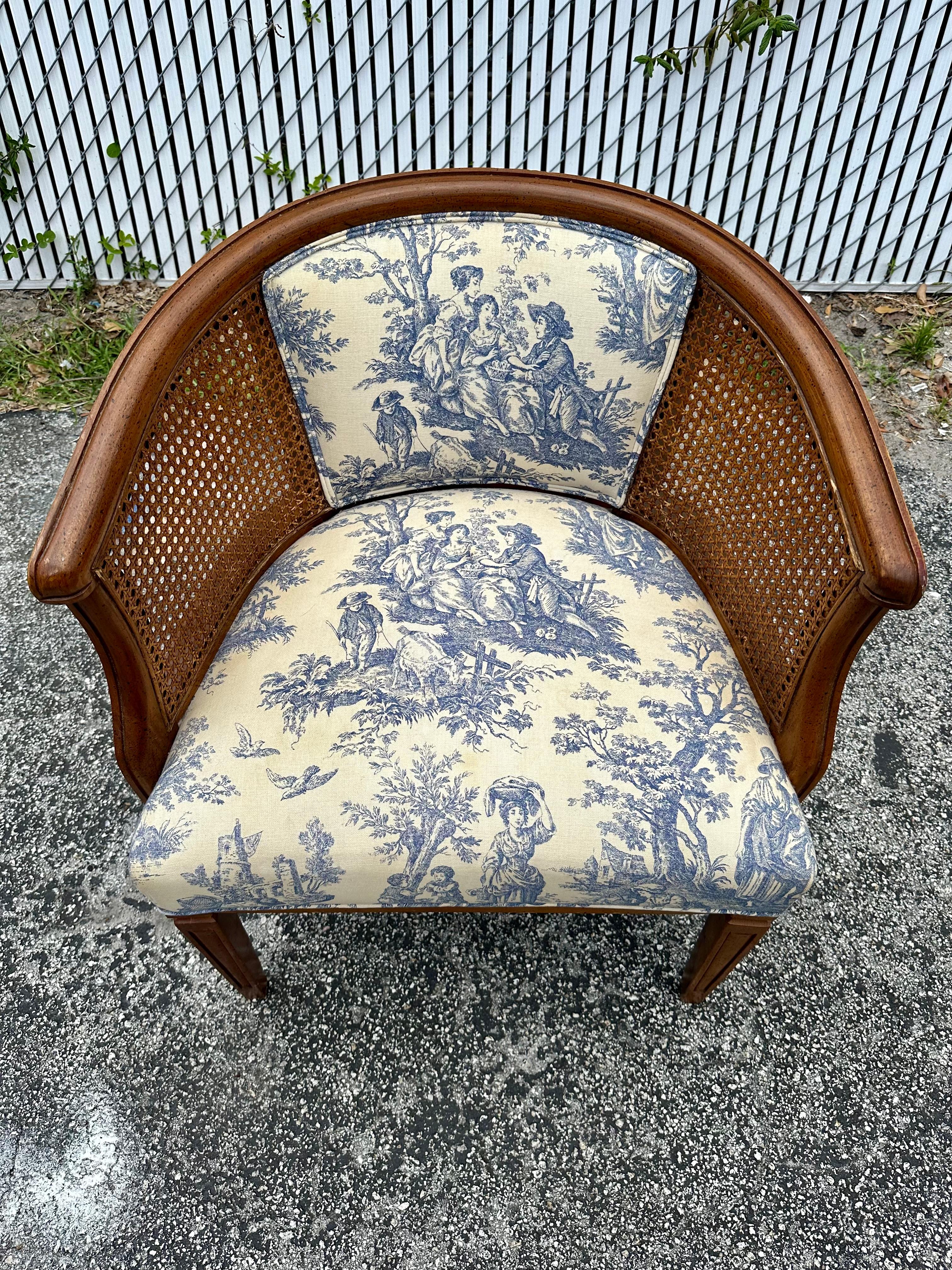 Mid-20th Century 1940s French Toile Barrel Back Cane Blue White Chair For Sale