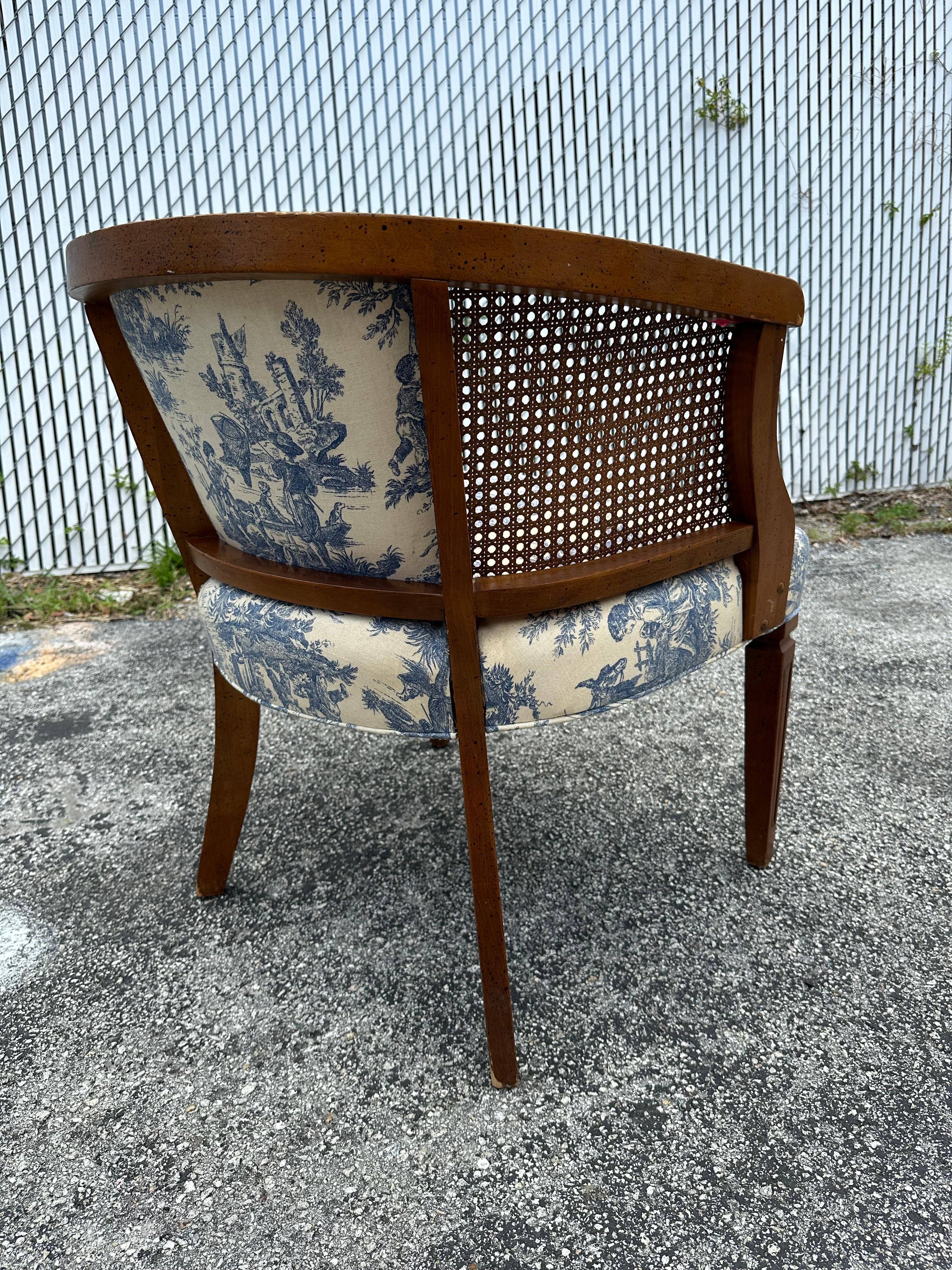 Upholstery 1940s French Toile Barrel Back Cane Blue White Chair For Sale