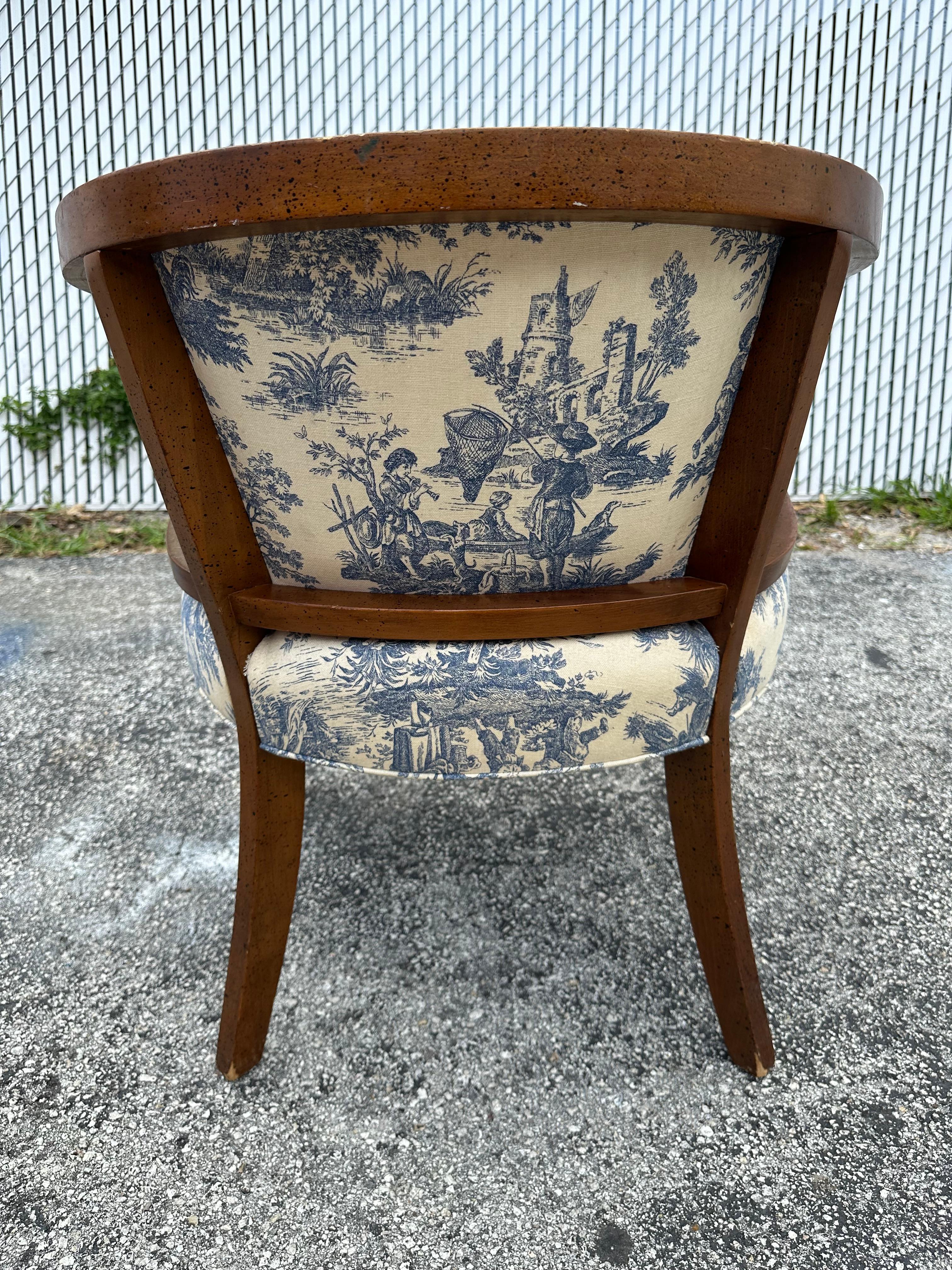 1940s French Toile Barrel Back Cane Blue White Chair For Sale 2
